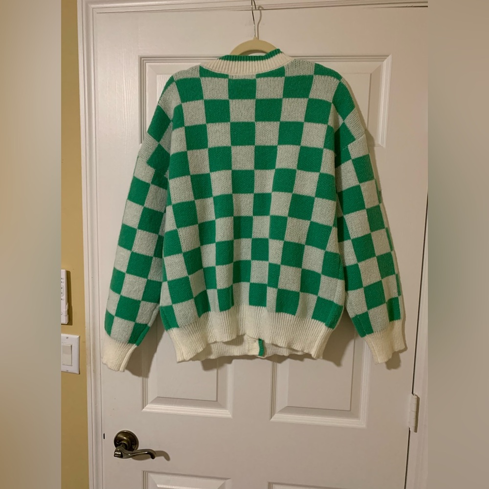 Aqua V-Neck Button Up Mint Green White Checkerboard Sweater Cardigan Large Retro - Picture 8 of 10